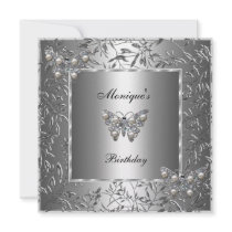 Elegant Birthday Silver Floral Butterfly Jewel 2a Announcement