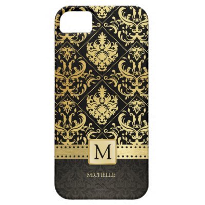Elegant Black and Gold Damask wiht Monogram iPhone 5 Covers