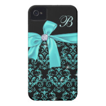 Elegant Black Aqua Damask Diamond Bow Monogram iPhone 4 Case-Mate Case