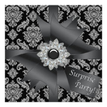 Elegant Black Damask Surprise Birthday Party Personalised Announcement