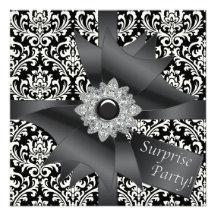 Elegant Black Damask Surprise Birthday Party Custom Announcements