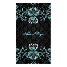 Elegant Black & Pastel Blue Floral Swirls Business Card