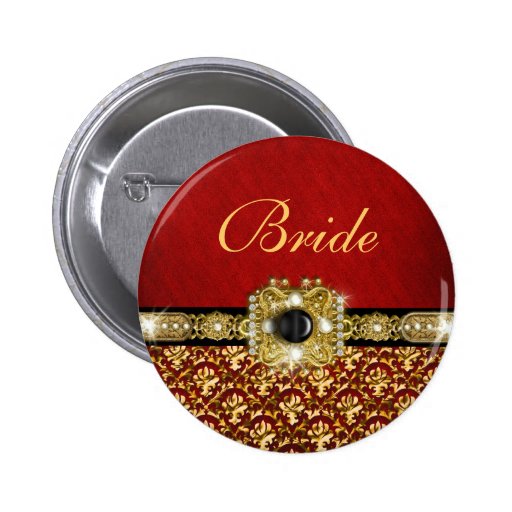 Elegant black red gold "damask wedding" button