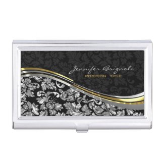 Elegant Black & Silver Damasks Gold Accents Business Card Holders