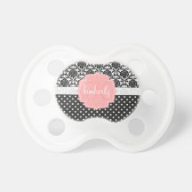 Elegant Black & White Damask Pink Girly Monogram Baby Pacifiers