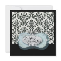elegant blue black damask wedding invitation