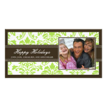 Elegant Brown & Lime Damask Custom Happy Holidays Customized Photo Card