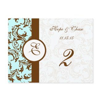 Elegant Brown Vintage Damask on Light Aqua Blue