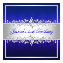 Elegant Cobalt Blue Silver Roses Birthday Party Personalized Invitations