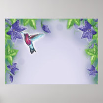 elegant colourful hummingbird and purple flowers posters
