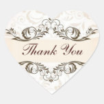 Elegant Cream Floral Damask Wedding Heart Stickers