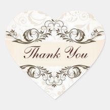 Elegant Cream Floral Damask Wedding Heart Stickers