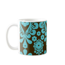 elegant damask design with aqua blue mugs