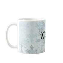 elegant damask design with aqua blue mugs