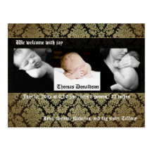 Elegant Damask Photo Birth Announcment Post Card