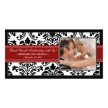 Elegant Damask Wedding Thank You Photocard: red Photo Greeting Card
