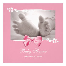 Elegant Girl Baby Shower Baby Feet With Pink Bow Personalized Invites