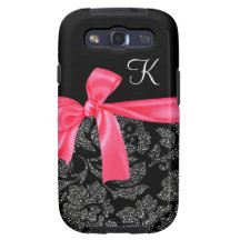 Elegant Glitter Black Damask Girly Hot Pink Bow Samsung Galaxy S3 Cover