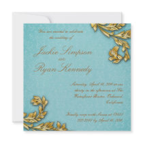 Elegant Gold Leaf Wedding Invite Floral Blue