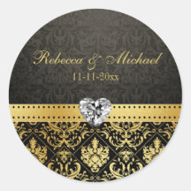 Elegant Goldand Black Damask with Diamond Heart Round Sticker