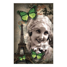 elegant green butterfly eiffel tower paris Vintage Stationery Design