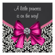 Elegant Hot Pink Black Damask Princess Baby Shower Personalised Announcements