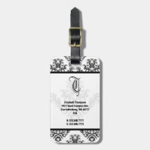 Elegant Monogram Black Damask Luggage Tag