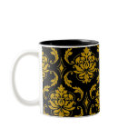 Elegant Monogram Black Gold Damask Coffee Tea Mug