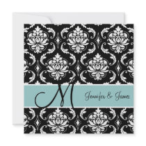 Elegant Monogram Damask  Blue Wedding Invitation
