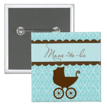 Elegant Mum-to-Be Baby Carriage and Blue Damask Buttons