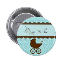 Elegant Mum-to-Be Baby Carriage and Blue Damask Pinback Buttons
