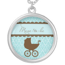 Elegant Mum to Be Carriage and Blue Damask Custom Necklace