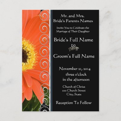 Elegant Orange Gerber Daisy Wedding Invitation Postcards by samack