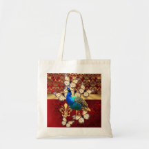 Elegant peacock, butterflies & red damask canvas bags