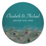 Elegant Peacock Feathers Round Wedding Favour Labe stickers
