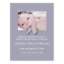 Elegant Photo Birth Annoucement Silver Ribbon Post Cards