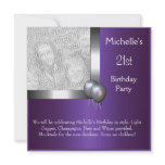 Elegant Photo Purple Silver Balloon 21st Birthday Personalized Invitations