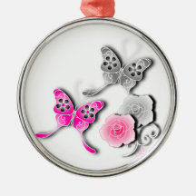 Elegant Pink And Silver Butterflies And Roses Christmas Ornaments