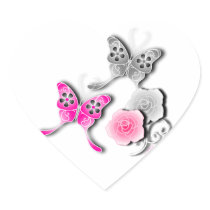 Elegant Pink And Silver Butterflies And Roses Heart Stickers