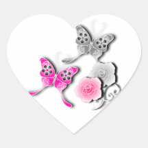 Elegant Pink And Silver Butterflies And Roses Heart Stickers