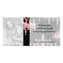elegant pink chandelier damask on black personalized photo card