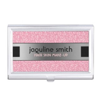 Elegant Pink Glitter Silver & Black Accents Business Card Case