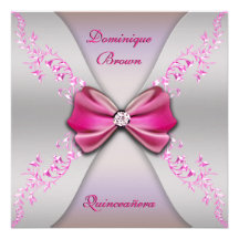 Elegant Pink Silver Diamond Bow Quinceanera Personalized Announcement