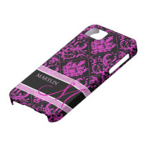 Elegant Purple & Black Damask with monogram iPhone 5 Case