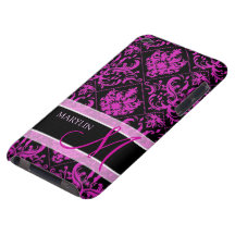 Elegant Purple & Black Damask with monogram Barely There iPod Covers