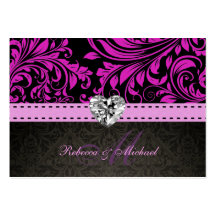 Elegant Purple Damask with Heart Diamond RSVP Business Cards