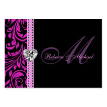 Elegant Purple Damask with Heart Diamond RSVP Business Card