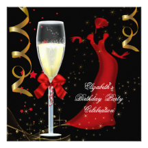 Elegant Red Gold Black Birthday Party Champagne Personalized Announcements