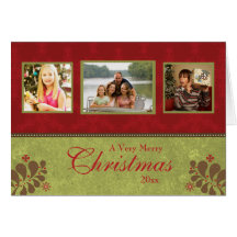 Elegant red green custom 3 photo christmas card