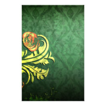 elegant roses on green damask design stationery paper